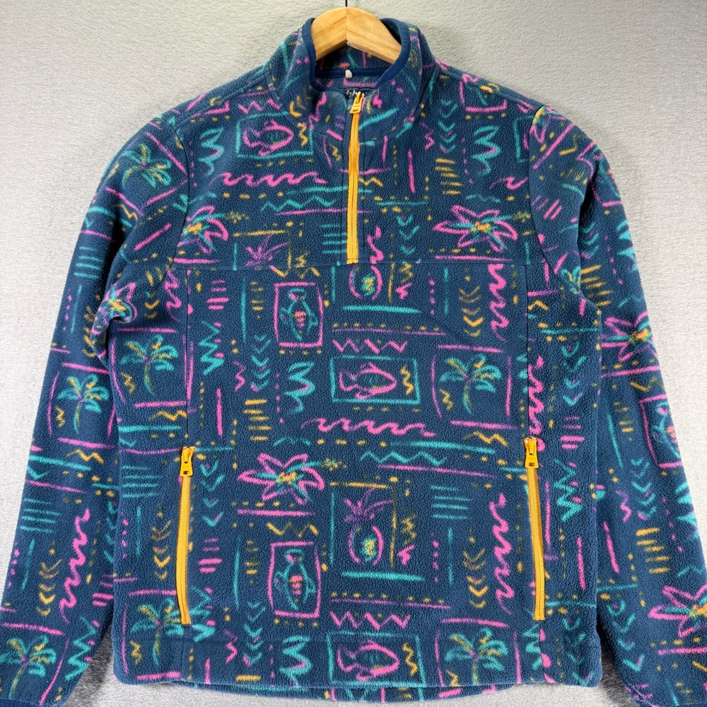 Chubbies Fleece Pullover Mens Medium Blue Tropical Palm Tree 1/2 Zip‎